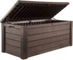 Keter Westwood 570L Storage Box, All-Weather Resin Deck Box and Stylish Outdoor Bench with Piston-Assisted Lockable Lid & Side Handles, Espresso Brown