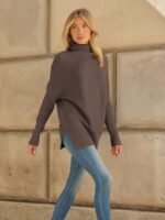 LILLUSORY Women's Oversized Turtleneck Sweaters Fall Batwing Sleeve Ribbed Tunic Sweater - Image 3