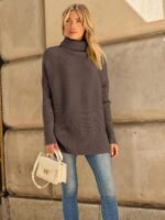 LILLUSORY Women's Oversized Turtleneck Sweaters Fall Batwing Sleeve Ribbed Tunic Sweater - Image 2