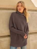 LILLUSORY Women's Oversized Turtleneck Sweaters Fall Batwing Sleeve Ribbed Tunic Sweater - Image 4