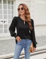 Blooming Jelly Womens Long Sleeve Dressy Casual Top V Neck Puff Sleeve Shirt Keyhole Blouse 2024 - Image 4