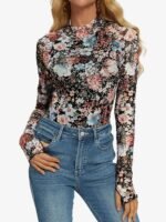 Dealmore Floral Mesh Mockneck Tops Trendy Going Out Tops fot Women with Thumb Hole Fashion Fall Outfits 2024 - Image 3