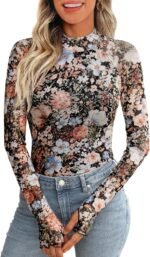 Dealmore Floral Mesh Mockneck Tops Trendy Going Out Tops fot Women with Thumb Hole Fashion Fall Outfits 2024