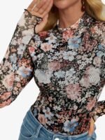 Dealmore Floral Mesh Mockneck Tops Trendy Going Out Tops fot Women with Thumb Hole Fashion Fall Outfits 2024 - Image 5