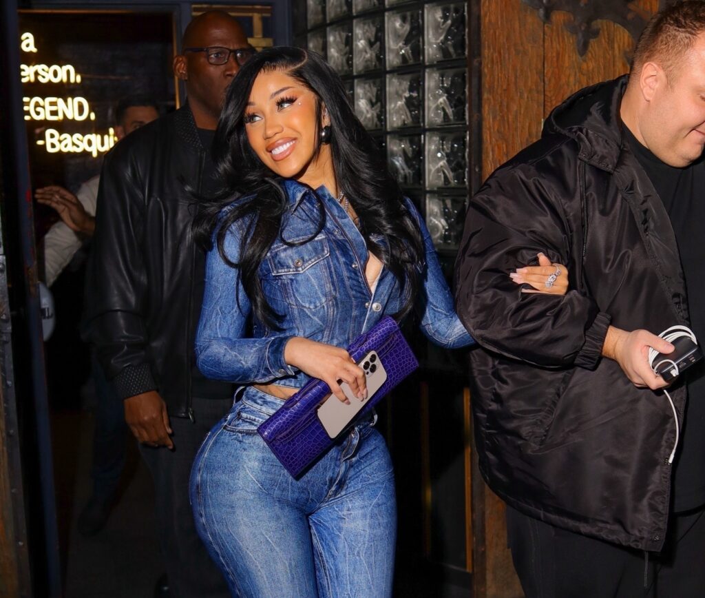 Cardi-B-Stops-by-Sei-Less-in-a-Denim-Balenciaga-Look-Christian-Louboutin-Platforms-and-an-Hermes-Kel