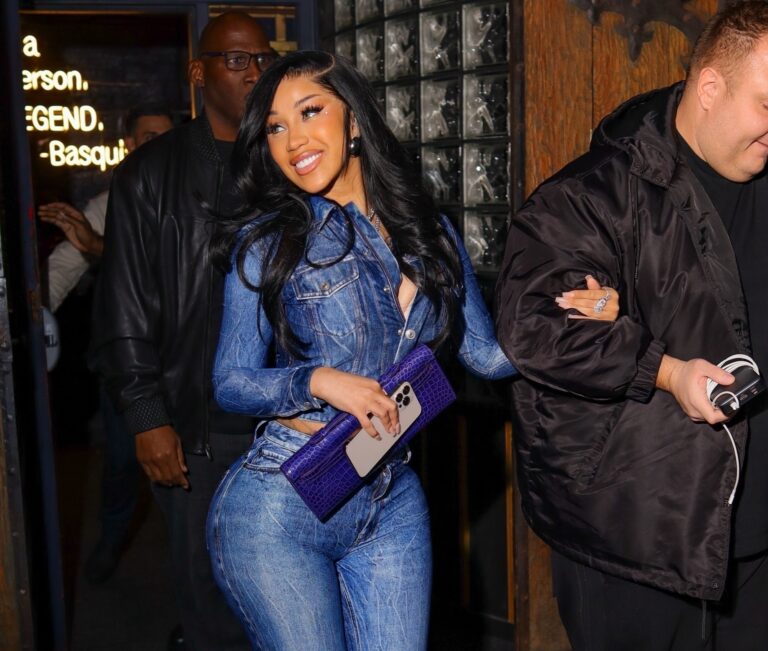 Cardi-B-Stops-by-Sei-Less-in-a-Denim-Balenciaga-Look-Christian-Louboutin-Platforms-and-an-Hermes-Kel