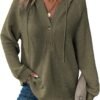 Dokotoo Hoodies for Women Waffle Knit Long Sleeve Drawstring Button V Neck Casual Pullover Sweatshirt Hooded Tops