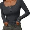 Kissfix Womens Long Sleeve Shirts Going Out Fall Clothes Casual Henley Tops Ribbed Knit Blouses Fashion Trendy Outfits