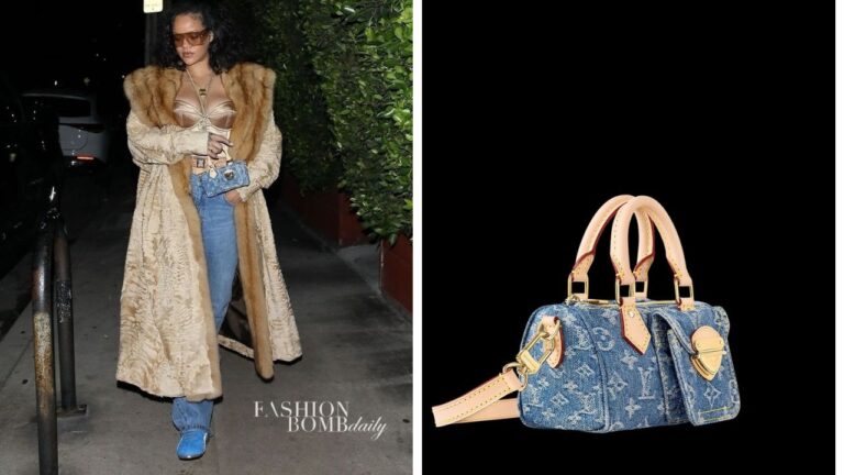 Rihanna-Grabbed-Dinner-in-a-Vintage-Coat-Gold-Corset-Blue-Jeans-and-a-Louis-Vuitton-Nano-Speedy-Bag