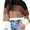 Womens Sweaters Fall 2024 Fashion Long Sleeve Color Block Oversized Sweaters Trendy Casual Crew Neck Knitted Tops Pullover