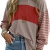 Dokotoo Long Sleeve Fall Tops Oversized 2024 Trendy Round Crew Neck Casual Color Block Womens Shirts Blouses