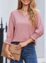 Dokotoo Tops for Women Trendy Casual Summer Basic T Shirts Lightwight 3/4 Sleeve Textured Solid V Neck Tees Blouses - Image 4