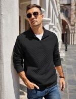 COOFANDY Mens Quarter Zip Pullover Quilted Sweatshirt Knit Long Sleeve Mock Neck Sweater Polo with Pocket - Image 3