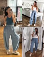 Xiaoxuemeng Womens Baggy Wide Leg Pants Casual Elastic Waisted Palazzo Harem Pants with Pockets - Image 3