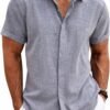 COOFANDY Men's Linen Shirts Short Sleeve Casual Shirts Button Down Shirt for Men Beach Summer Wedding Shirt