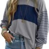 Dokotoo Long Sleeve Fall Tops Oversized 2024 Trendy Round Crew Neck Casual Color Block Womens Shirts Blouses