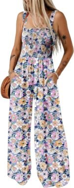 Happy Sailed Womens Overalls Casual Floral Print Sleeveless Jumpsuit High Waist Wide Leg Romper Jumpsuits with Pockets