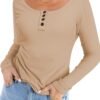 NEYOUQE Women's 2024 Fall Fashion Long Sleeve Henley Top Slim Fit Button Front Casual Sexy T Shirts Dressy Trendy Tees