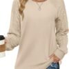 Saloogoe Sweatshirts for Women Crewneck Cable Knit Sleeve Sweaters Lightweight Fashion 2024