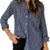 siliteelon Womens Button Down Shirts Cotton Striped Dress Shirt Long Sleeve Collared Office Work Blouses Tops