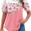 Zeagoo Womens Short Sleeve Tops Floral Boho Shirts Pleated Crewneck Summer Outfit Puff Sleeve Blouses Casual Tunic