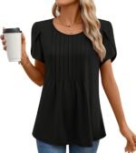 Anyhold Women's Summer Petal Sleeve Tops Dressy Casual Shirts Pleated Business Tunic Crew Neck Blouses - Image 2