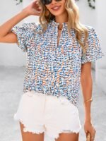 MASCOMODA Boho Short Sleeve Floral Work Blouses for Women Dressy Casual V Neck Puff Sleeve Loose Chiffon Flowy Tops Shirts - Image 2