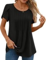 Anyhold Women's Summer Petal Sleeve Tops Dressy Casual Shirts Pleated Business Tunic Crew Neck Blouses