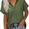 HOTOUCH Linen Button Down Shirt Women Short Sleeve Cotton Blouses V Neck Collared Summer Beach Tops S-2XL