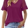 OFEEFAN Casual V Neck T Shirts for Women Lace Short Sleeve Curved Hem Tops Loose Fit