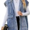 PAODIKUAI Women's Oversized Denim Vest Mid Long Jean Vest Sleeveless Jackets Distressed Vest Cotton