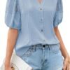 Theenkoln Womens Lace Sleeve Blouse:Lace Crochet Lantern Short Sleeve V Neck Button Down Summer Fashion Shirts