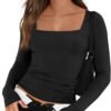 Trendy Queen Womens Long Sleeve Shirts Going Out Basic Crop Tops Fashion Y2k Workout Clothes Square Neck Fall Outfits