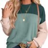 WIHOLL Womens Fall Fashion 2024 Color Block Long Sleeve Crewneck Knitted Ribbed Shirts Tunic Tops Casual Loose Trendy