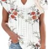 Women's Casual Dressy Short Petal Sleeve Shirts Pleated Fashion Front Key Hole Scoop Neck Floral Print Loose Fit Tops