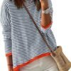 ZESICA Womens Spring Striped Sweaters Long Sleeve Crew Neck Shirts Color Block Lightweight Pullover Tops