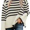 ZESICA Women's Winter Sweaters Casual Turtleneck Long Sleeve Striped Side Slit Loose Pullover Sweater Jumper Tops