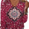 HOTYD Long Sleeve Button V Neck Boho Tops for Women Dressy Casual Floral Print Blouses Vintage Ethnic Graphic Tees Plus Size