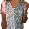 HOTYD Womens Boho Tops Floral Short Sleeve V Neck Shirts Dressy Casual Summer Blouses Plus Size Button Clod Shoulder Tops