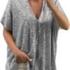 Women's Plus Size Sequin Top Casual Loose Glitter Sequin Short Sleeve T Shirts V Neck Plus Size Party Tops